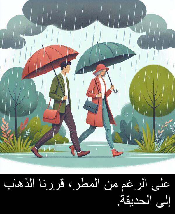 قررنا: على الرغم من المطر، قررنا الذهاب إلى الحديقة.