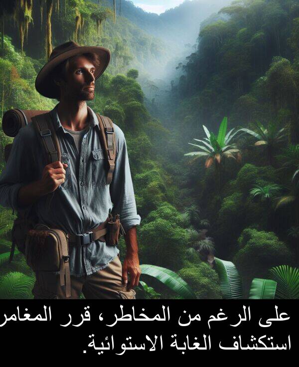 قرر: على الرغم من المخاطر، قرر المغامر استكشاف الغابة الاستوائية.