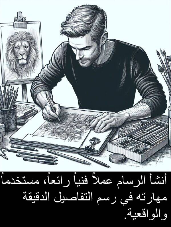 عملاً: أنشأ الرسام عملاً فنياً رائعاً، مستخدماً مهارته في رسم التفاصيل الدقيقة والواقعية.