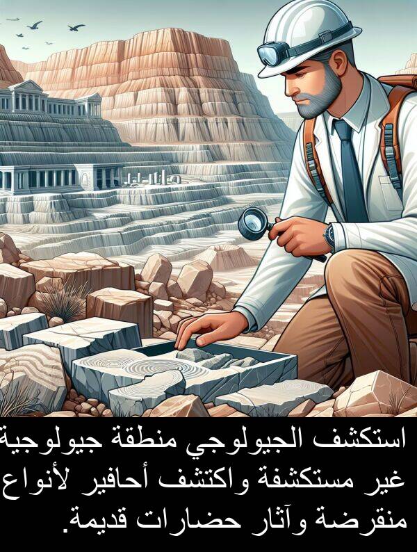 وآثار: استكشف الجيولوجي منطقة جيولوجية غير مستكشفة واكتشف أحافير لأنواع منقرضة وآثار حضارات قديمة.