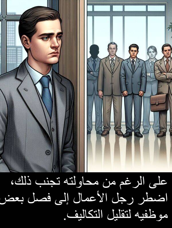 لتقليل: على الرغم من محاولته تجنب ذلك، اضطر رجل الأعمال إلى فصل بعض موظفيه لتقليل التكاليف.