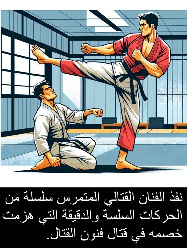 خصمه: نفذ الفنان القتالي المتمرس سلسلة من الحركات السلسة والدقيقة التي هزمت خصمه في قتال فنون القتال.