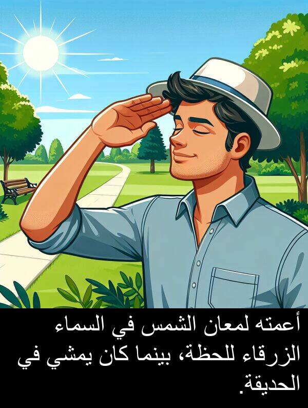 أعمته: أعمته لمعان الشمس في السماء الزرقاء للحظة، بينما كان يمشي في الحديقة.