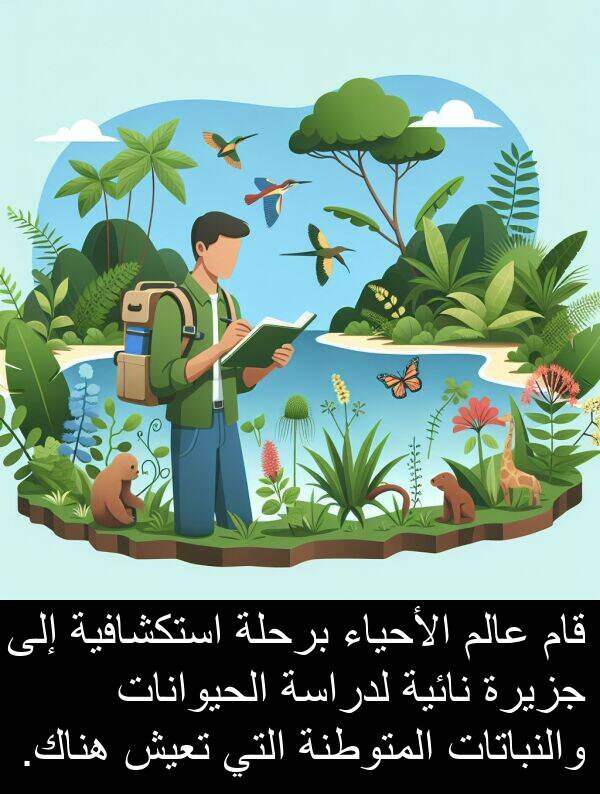 عالم: قام عالم الأحياء برحلة استكشافية إلى جزيرة نائية لدراسة الحيوانات والنباتات المتوطنة التي تعيش هناك.