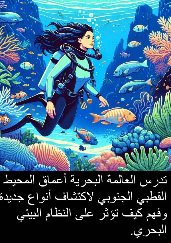كيف: تدرس العالمة البحرية أعماق المحيط القطبي الجنوبي لاكتشاف أنواع جديدة وفهم كيف تؤثر على النظام البيئي البحري.