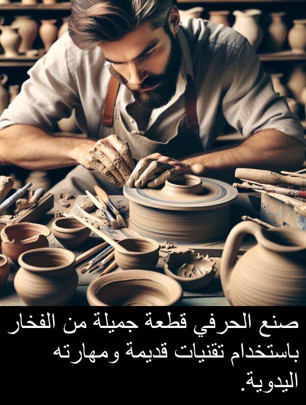 صنع: صنع الحرفي قطعة جميلة من الفخار باستخدام تقنيات قديمة ومهارته اليدوية.