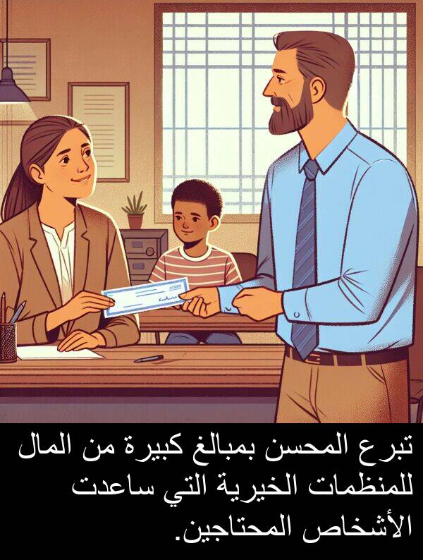 ساعدت: تبرع المحسن بمبالغ كبيرة من المال للمنظمات الخيرية التي ساعدت الأشخاص المحتاجين.