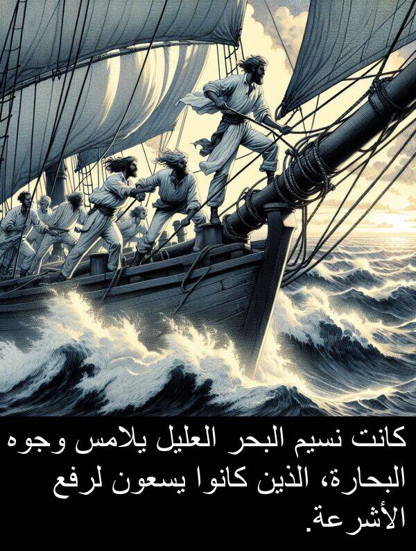 لرفع: كانت نسيم البحر العليل يلامس وجوه البحارة، الذين كانوا يسعون لرفع الأشرعة.