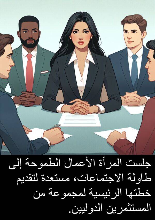 المرأة: جلست المرأة الأعمال الطموحة إلى طاولة الاجتماعات، مستعدة لتقديم خطتها الرئيسية لمجموعة من المستثمرين الدوليين.