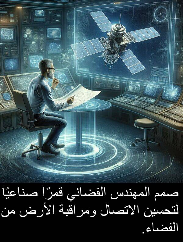 صمم: صمم المهندس الفضائي قمرًا صناعيًا لتحسين الاتصال ومراقبة الأرض من الفضاء.