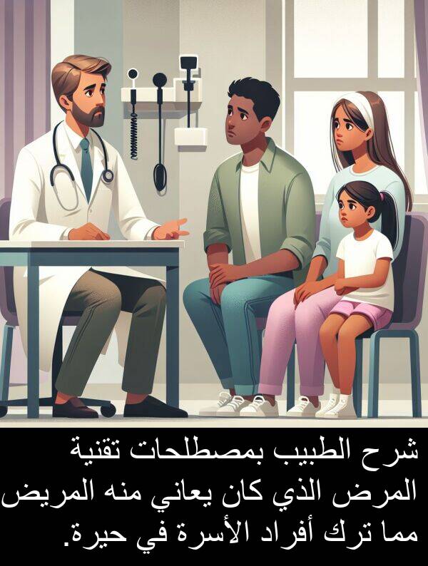شرح: شرح الطبيب بمصطلحات تقنية المرض الذي كان يعاني منه المريض، مما ترك أفراد الأسرة في حيرة.