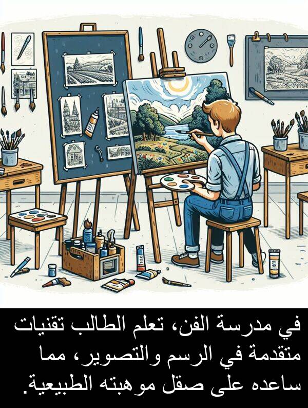 صقل: في مدرسة الفن، تعلم الطالب تقنيات متقدمة في الرسم والتصوير، مما ساعده على صقل موهبته الطبيعية.