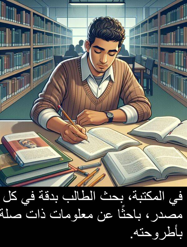 صلة: في المكتبة، بحث الطالب بدقة في كل مصدر، باحثًا عن معلومات ذات صلة بأطروحته.