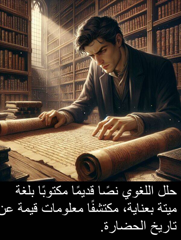قيمة: حلل اللغوي نصًا قديمًا مكتوبًا بلغة ميتة بعناية، مكتشفًا معلومات قيمة عن تاريخ الحضارة.