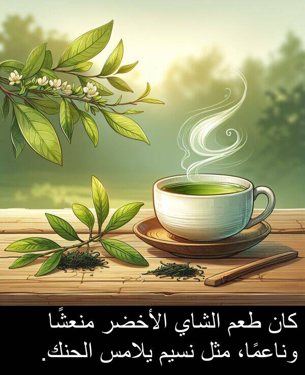 طعم: كان طعم الشاي الأخضر منعشًا وناعمًا، مثل نسيم يلامس الحنك.