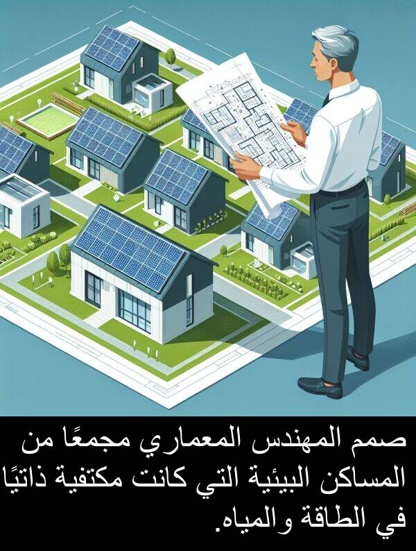 صمم: صمم المهندس المعماري مجمعًا من المساكن البيئية التي كانت مكتفية ذاتيًا في الطاقة والمياه.