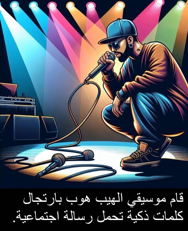 كلمات: قام موسيقي الهيب هوب بارتجال كلمات ذكية تحمل رسالة اجتماعية.