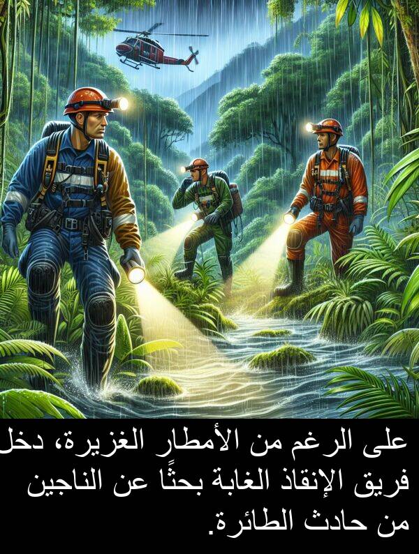 دخل: على الرغم من الأمطار الغزيرة، دخل فريق الإنقاذ الغابة بحثًا عن الناجين من حادث الطائرة.