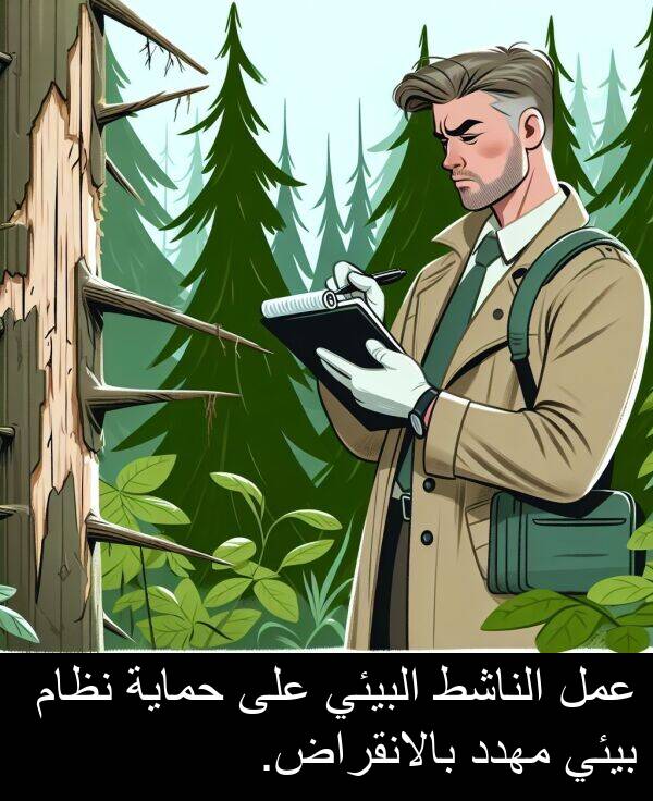 عمل: عمل الناشط البيئي على حماية نظام بيئي مهدد بالانقراض.