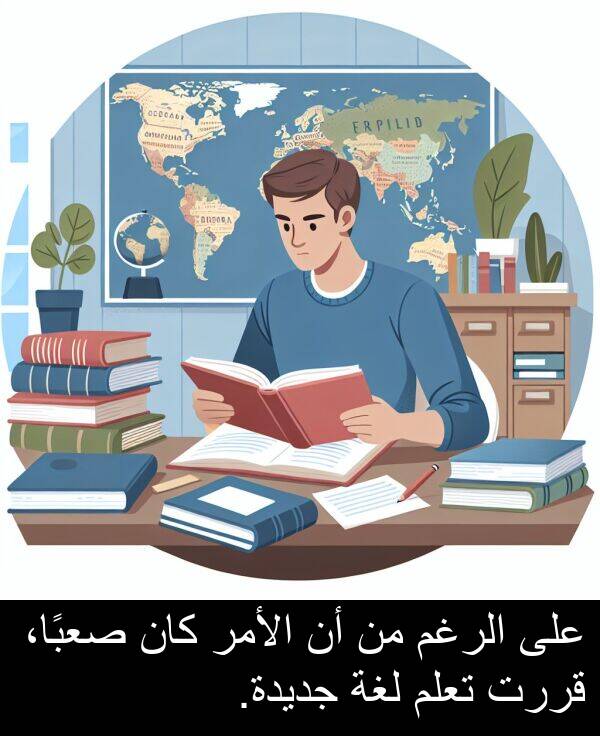 صعبًا،: على الرغم من أن الأمر كان صعبًا، قررت تعلم لغة جديدة.