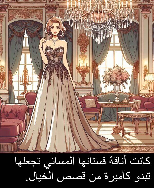قصص: كانت أناقة فستانها المسائي تجعلها تبدو كأميرة من قصص الخيال.