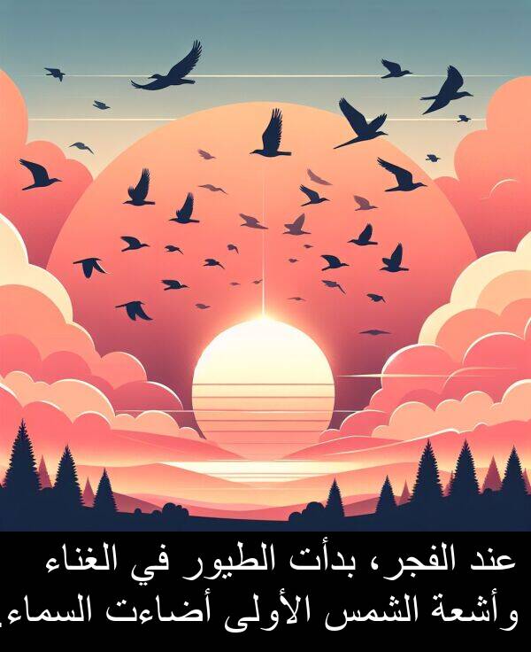 الطيور: عند الفجر، بدأت الطيور في الغناء وأشعة الشمس الأولى أضاءت السماء.