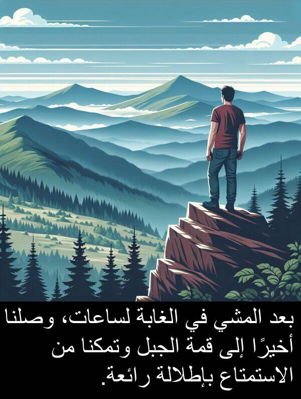 أخيرًا: بعد المشي في الغابة لساعات، وصلنا أخيرًا إلى قمة الجبل وتمكنا من الاستمتاع بإطلالة رائعة.