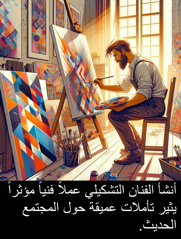 عملاً: أنشأ الفنان التشكيلي عملاً فنياً مؤثراً يثير تأملات عميقة حول المجتمع الحديث.