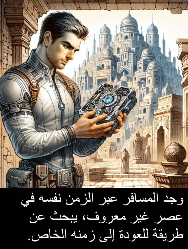طريقة: وجد المسافر عبر الزمن نفسه في عصر غير معروف، يبحث عن طريقة للعودة إلى زمنه الخاص.