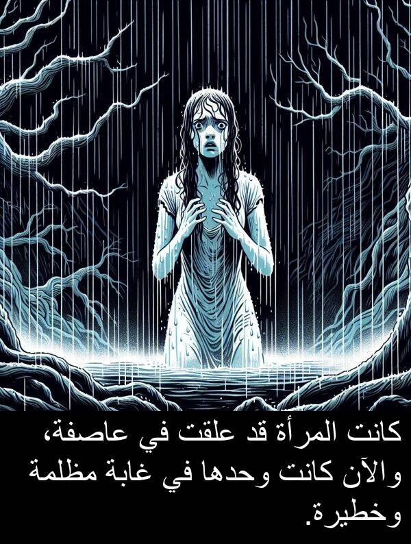 المرأة: كانت المرأة قد علقت في عاصفة، والآن كانت وحدها في غابة مظلمة وخطيرة.