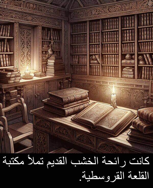 رائحة: كانت رائحة الخشب القديم تملأ مكتبة القلعة القروسطية.