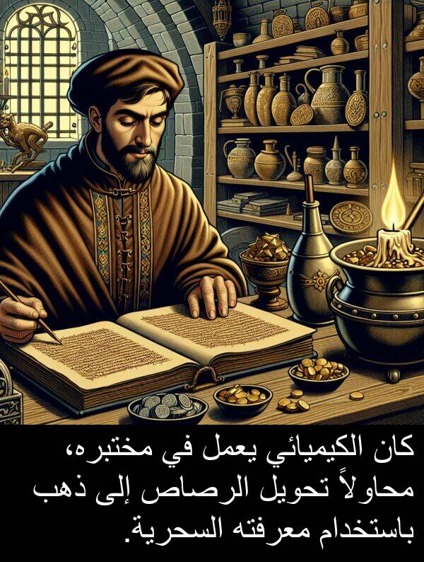 ذهب: كان الكيميائي يعمل في مختبره، محاولاً تحويل الرصاص إلى ذهب باستخدام معرفته السحرية.