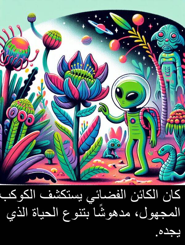 يجده: كان الكائن الفضائي يستكشف الكوكب المجهول، مدهوشًا بتنوع الحياة الذي يجده.