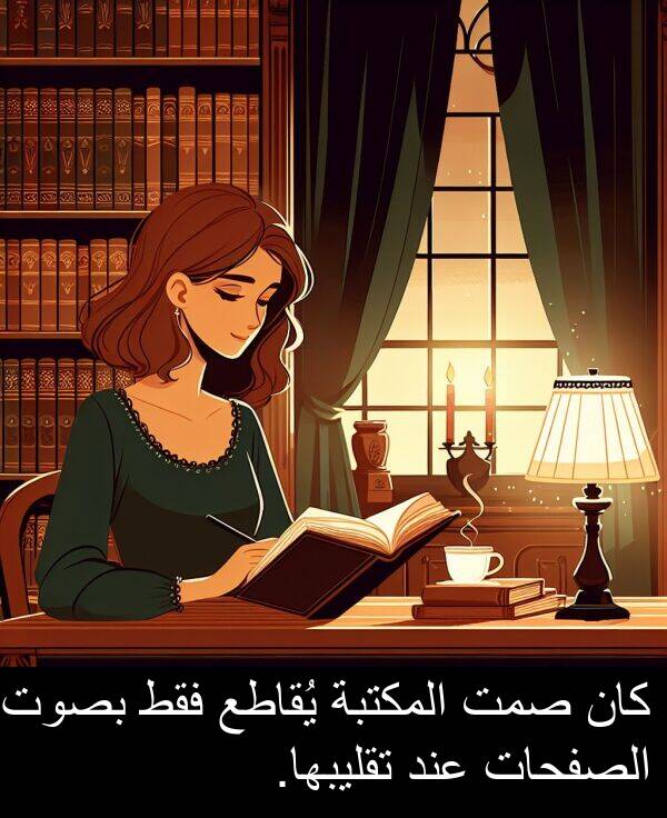 صمت: كان صمت المكتبة يُقاطع فقط بصوت الصفحات عند تقليبها.