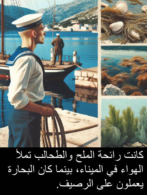 رائحة: كانت رائحة الملح والطحالب تملأ الهواء في الميناء، بينما كان البحارة يعملون على الرصيف.