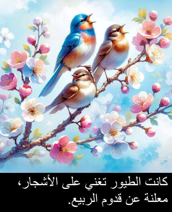 الطيور: كانت الطيور تغني على الأشجار، معلنة عن قدوم الربيع.