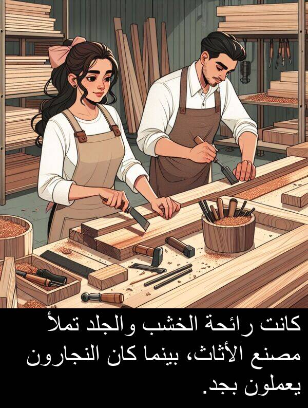 رائحة: كانت رائحة الخشب والجلد تملأ مصنع الأثاث، بينما كان النجارون يعملون بجد.