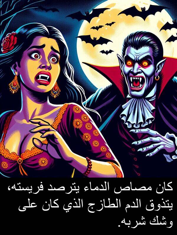 يترصد: كان مصاص الدماء يترصد فريسته، يتذوق الدم الطازج الذي كان على وشك شربه.