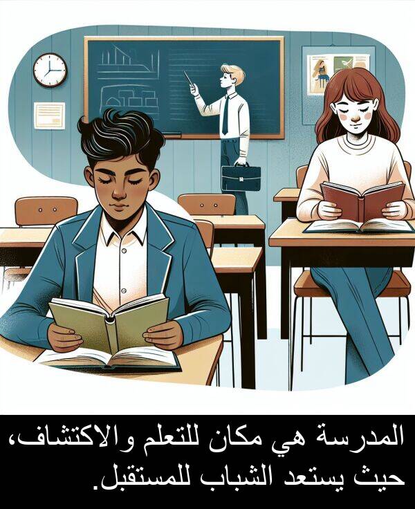 والاكتشاف،: المدرسة هي مكان للتعلم والاكتشاف، حيث يستعد الشباب للمستقبل.