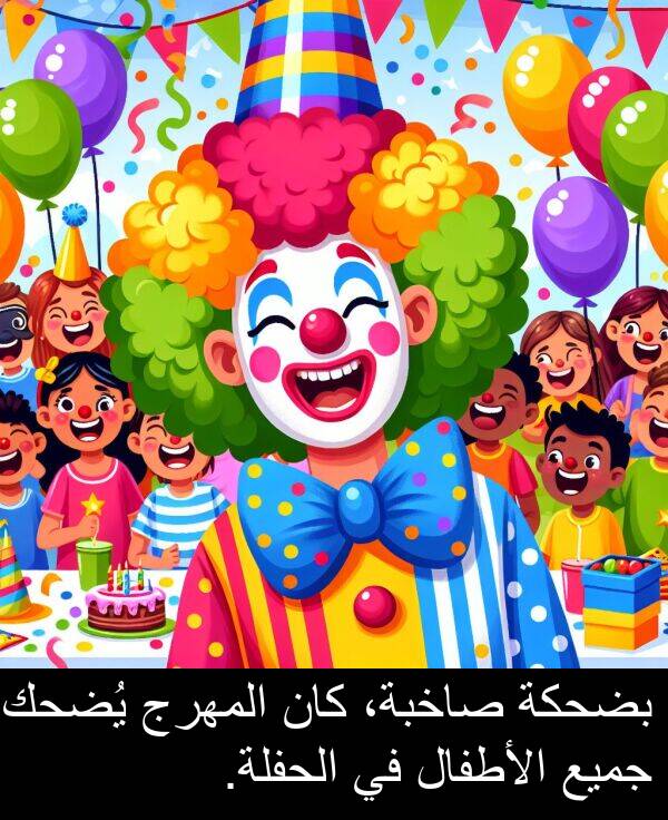 جميع: بضحكة صاخبة، كان المهرج يُضحك جميع الأطفال في الحفلة.