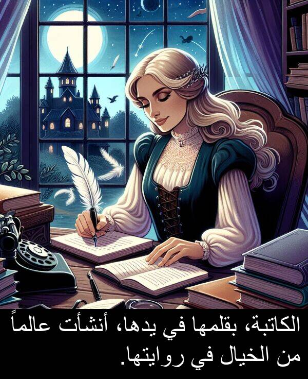يدها،: الكاتبة، بقلمها في يدها، أنشأت عالماً من الخيال في روايتها.