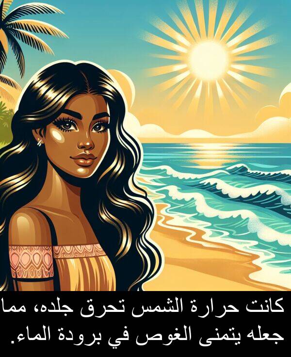 يتمنى: كانت حرارة الشمس تحرق جلده، مما جعله يتمنى الغوص في برودة الماء.