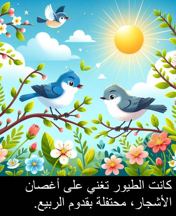 أغصان: كانت الطيور تغني على أغصان الأشجار، محتفلة بقدوم الربيع.