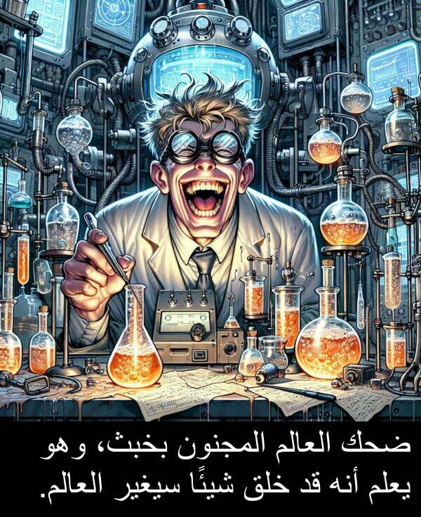 ضحك: ضحك العالم المجنون بخبث، وهو يعلم أنه قد خلق شيئًا سيغير العالم.