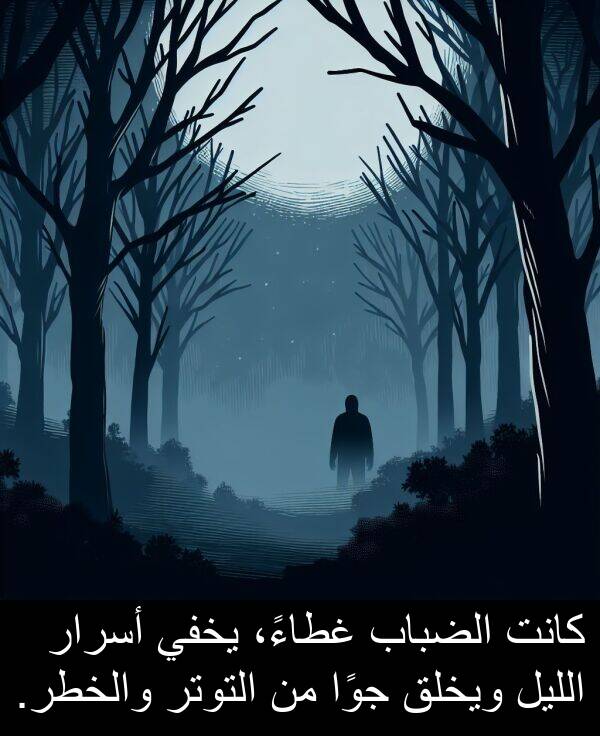 يخفي: كانت الضباب غطاءً، يخفي أسرار الليل ويخلق جوًا من التوتر والخطر.