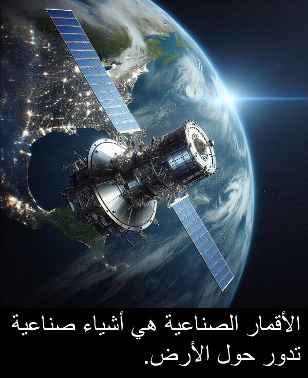 صناعية: الأقمار الصناعية هي أشياء صناعية تدور حول الأرض.