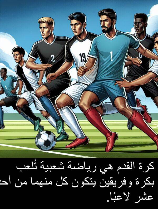 يتكون: كرة القدم هي رياضة شعبية تُلعب بكرة وفريقين يتكون كل منهما من أحد عشر لاعبًا.