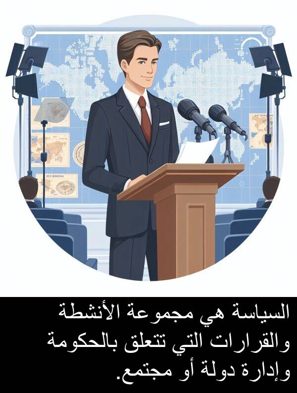 دولة: السياسة هي مجموعة الأنشطة والقرارات التي تتعلق بالحكومة وإدارة دولة أو مجتمع.