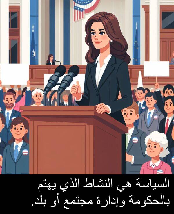 وإدارة: السياسة هي النشاط الذي يهتم بالحكومة وإدارة مجتمع أو بلد.