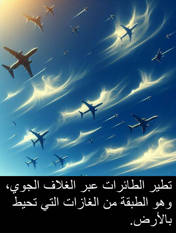 عبر: تطير الطائرات عبر الغلاف الجوي، وهو الطبقة من الغازات التي تحيط بالأرض.